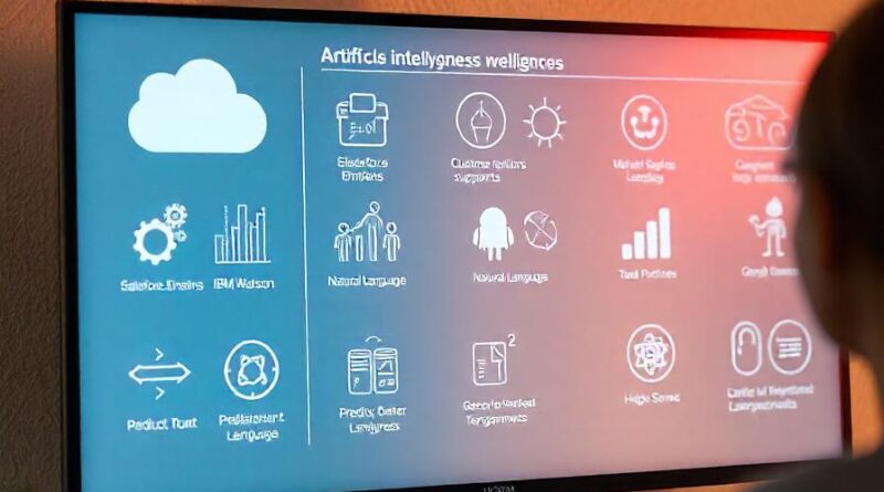 Illustration of AI tools and business processes: a screen which highlighted artificial intelligence analysis, customer relations support, and resource management bots.