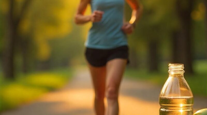 An individual out for a jog accompanied by fruits and vegetables, water together with Ozempic medication for weight loss.